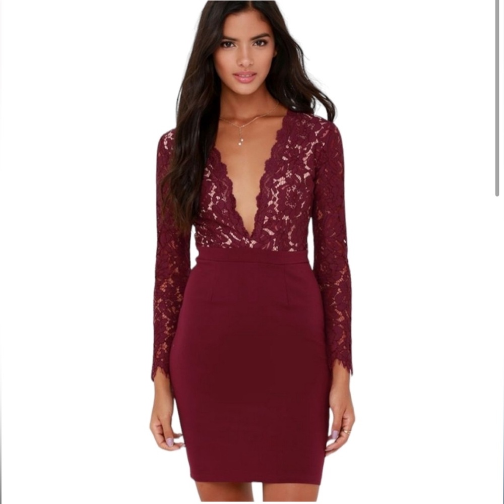 Lulu's Red Sexy Long Sleeve Plunge Bodycon Dress